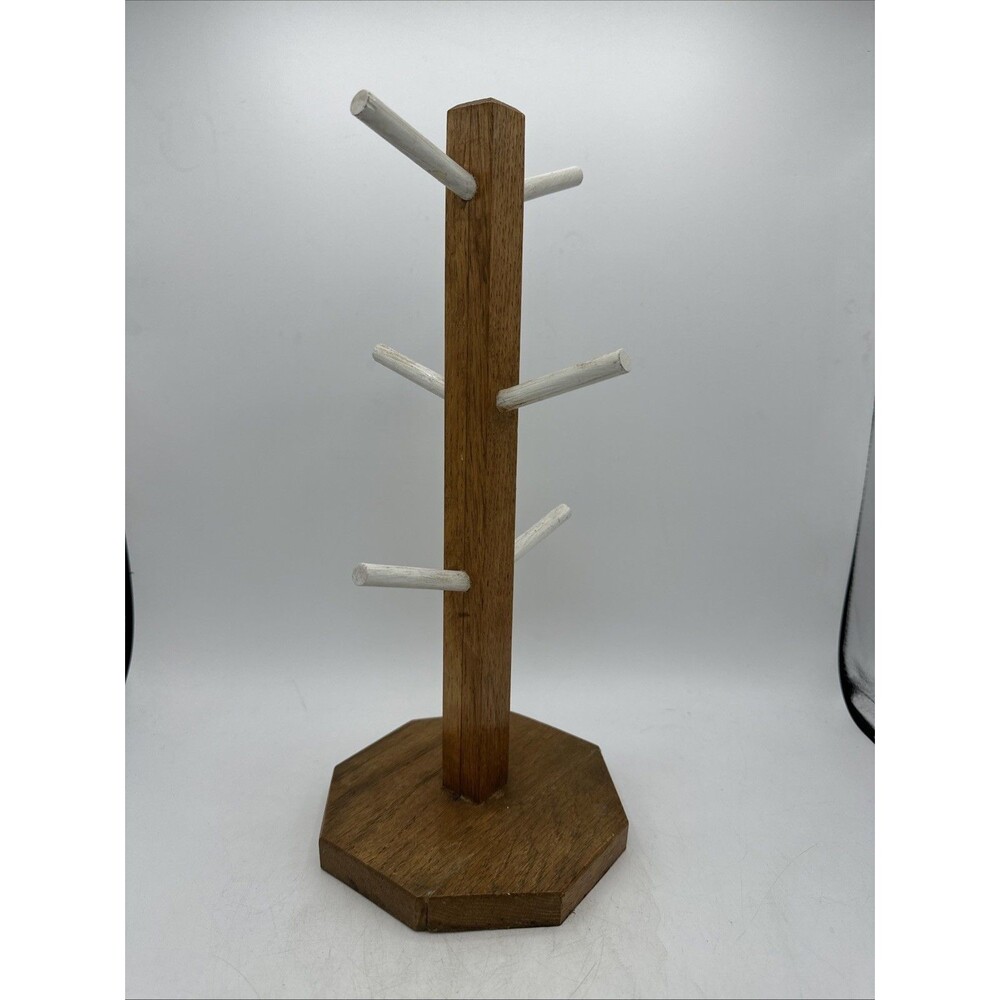 Vintage Wooden Mug Tree Holder Wood 6 Pegs 14” Handmade